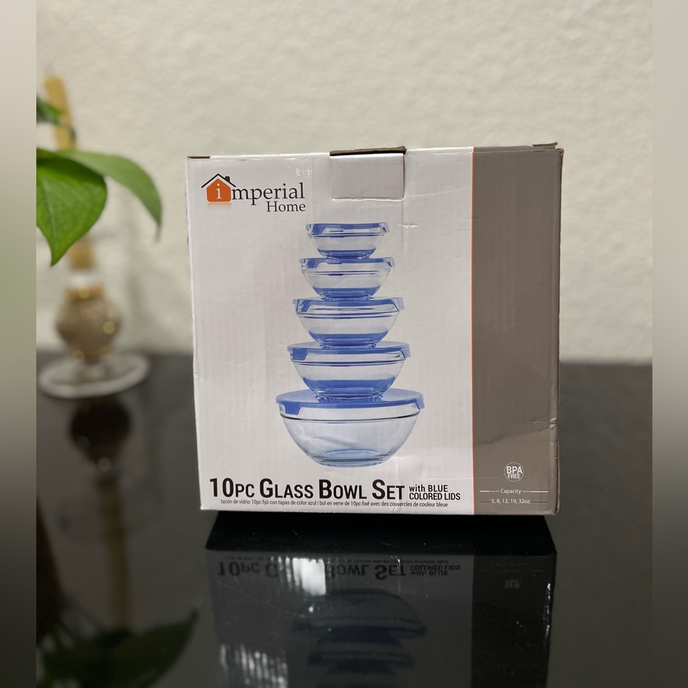 NEW Tupperware Glass Bowl Set With Blue Lids - Set Of 5